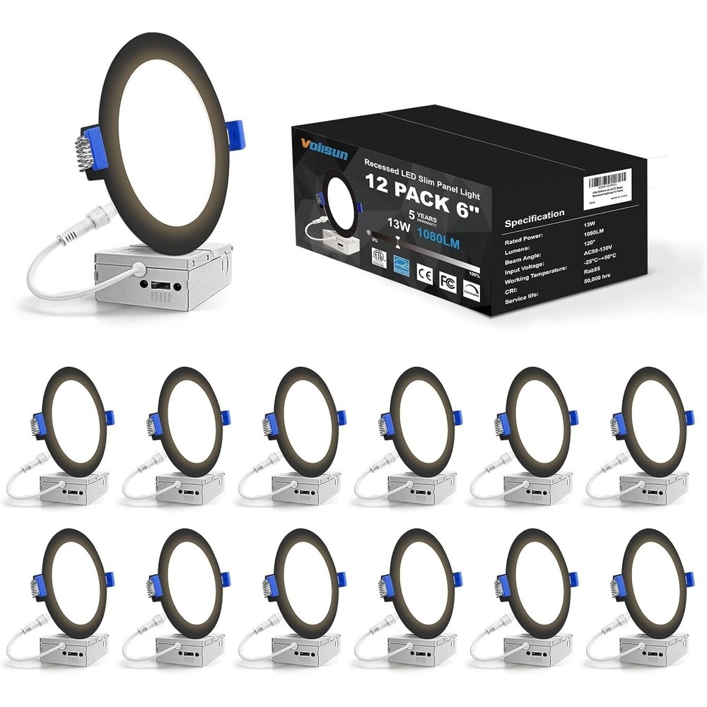 12x VOLISUN 6" LED Downlights Black 5CCT Dimmable 13W 1080LM Wafer Recessed Ceil